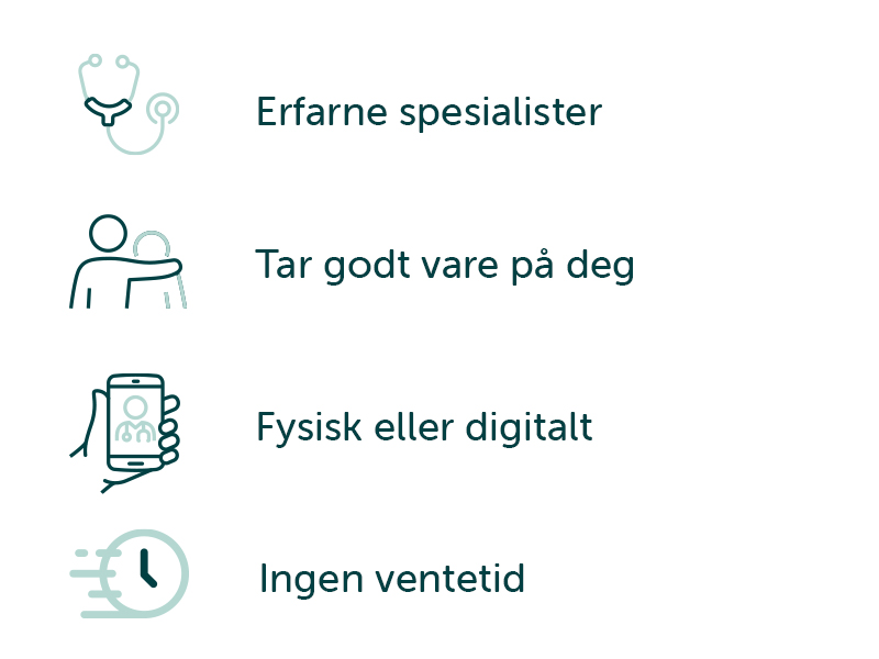 4 illustrasjoner med tekstene: Erfarne spesialister - Ta godt vare på deg - Fysisk eller digitalt - Ingen ventetid.