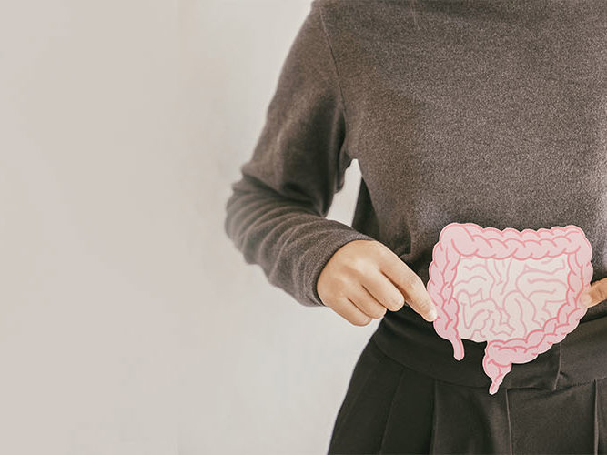 Hender som holder en lyserosa tegning av tarmen.