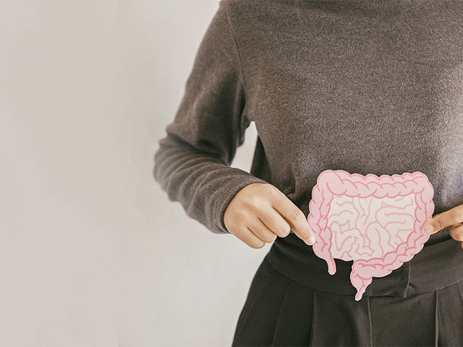 Hender som holder en lyserosa tegning av tarmen.