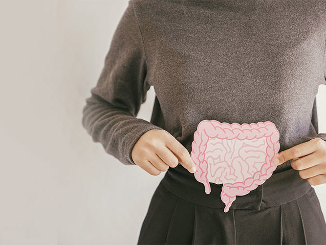 Hender som holder en lyserosa tegning av tarmen.