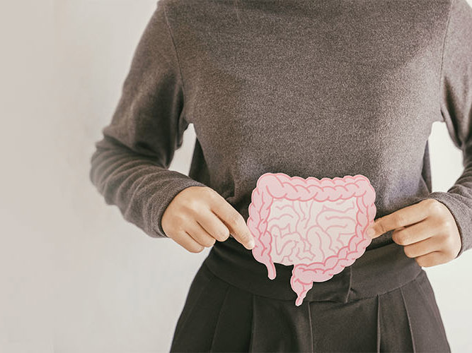 Hender som holder en lyserosa tegning av tarmen.