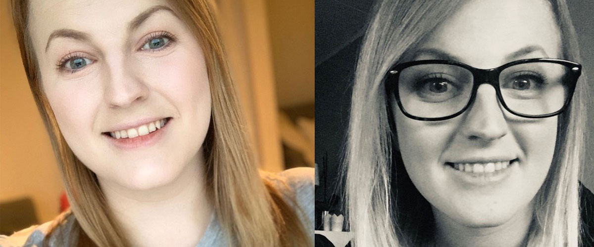 Pasient Jasmina før og etter laseroperasjon av øynene ved Aleris Øyeklinikk. 