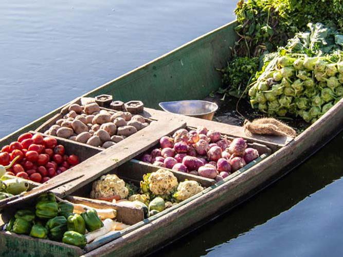 En langbåt lastet med frukt og grønnsaker. reisemedisin.